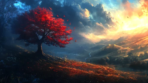 Crimson tree at sunrise guiding eyes across glowing hills.
