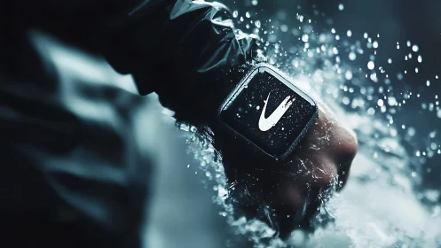 Smartwatch with Nike logo in dynamic water splash scene.