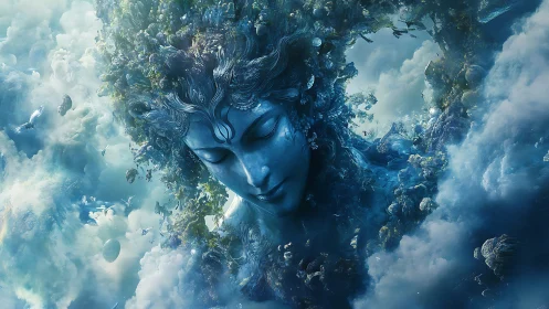 Skyborne forest goddess dreaming in drifting sapphire clouds.