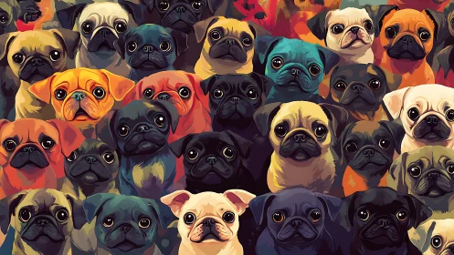 Playful pug collage bursts with bold, vivid character