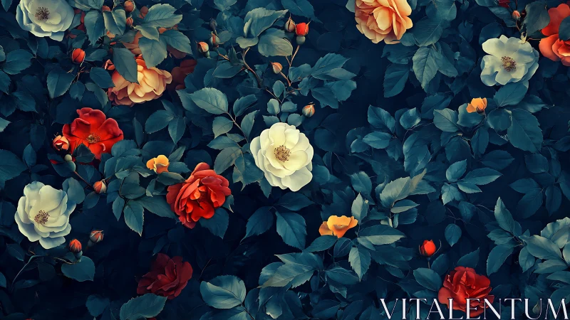 Midnight Garden Dance: Velvet Roses Bloom Against Teal Shadows.