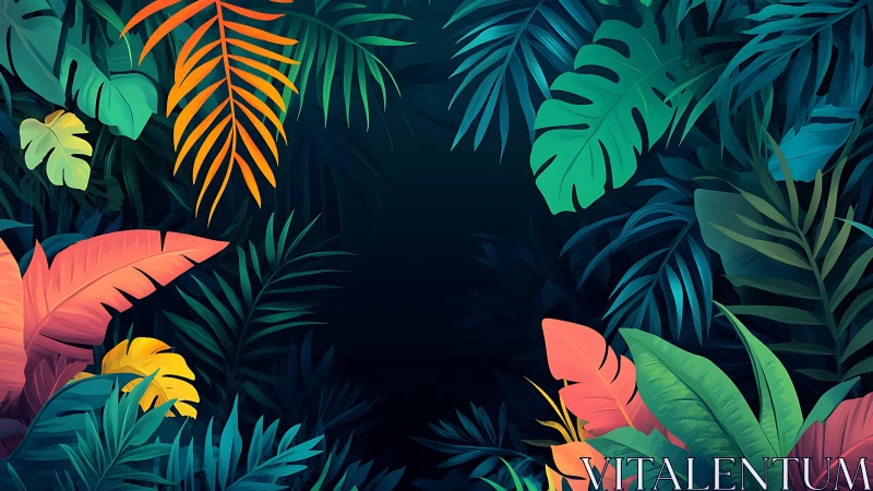 Colorful tropical foliage frames dark central empty space