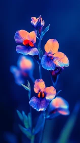 Bioluminescent Iris Flowers Against Dark Blue Background