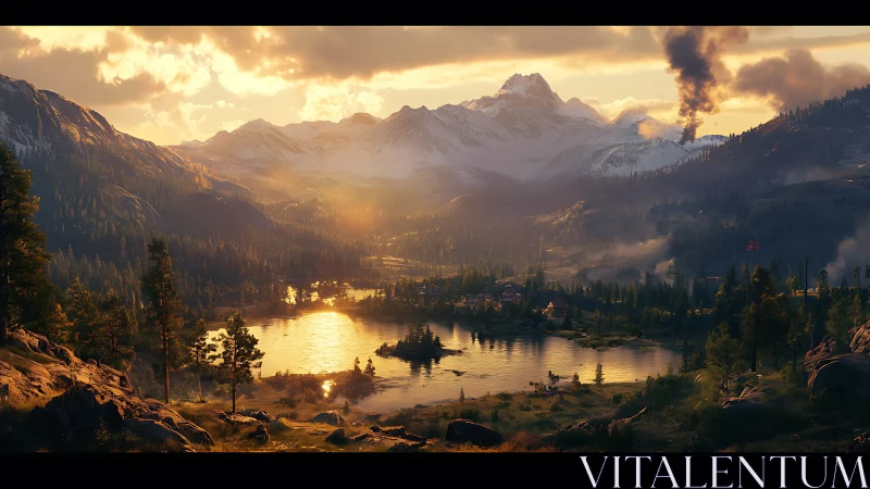 Mountain lake valley at sunset with distant smoke plume.