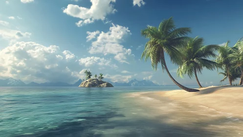 Tropical Island Paradise: Palm-Fringed Beach with Mountain Vista.