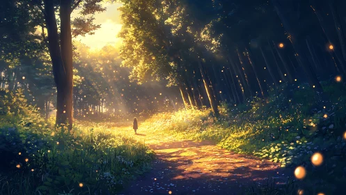 Sunlit forest path with distant solitary figure and fireflies