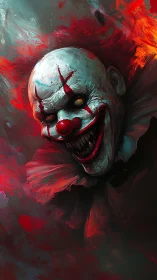 Grotesque clown portrait in red and teal digital rendering.