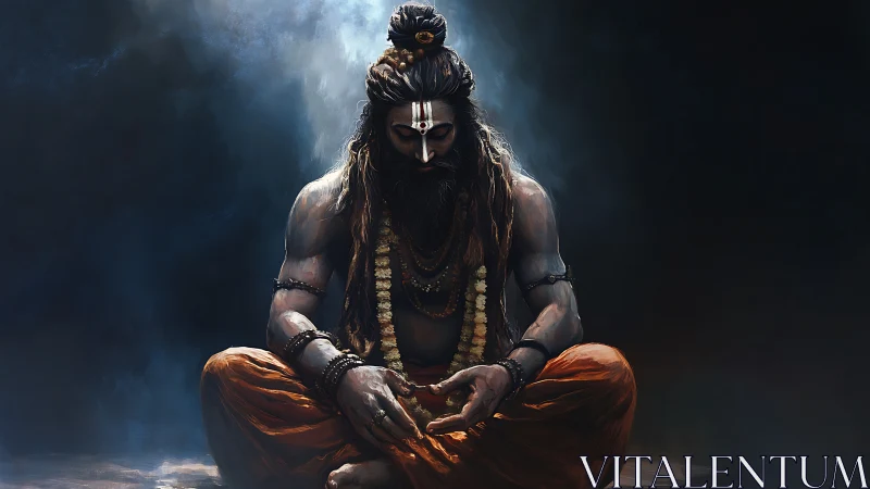 Mystic yogi in deep meditation wrapped in stormy stillness.