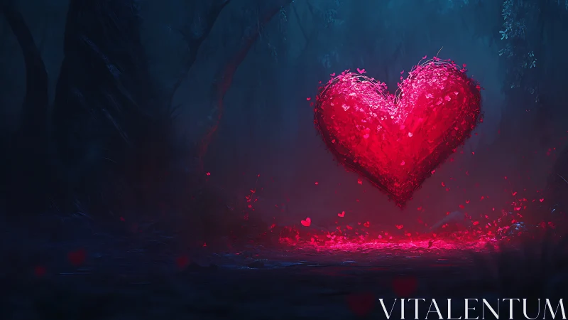 Luminescent Heart Floats in Dark Forest Mist.