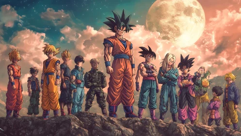 Group of anime warriors stands on rocky ridge at moonrise