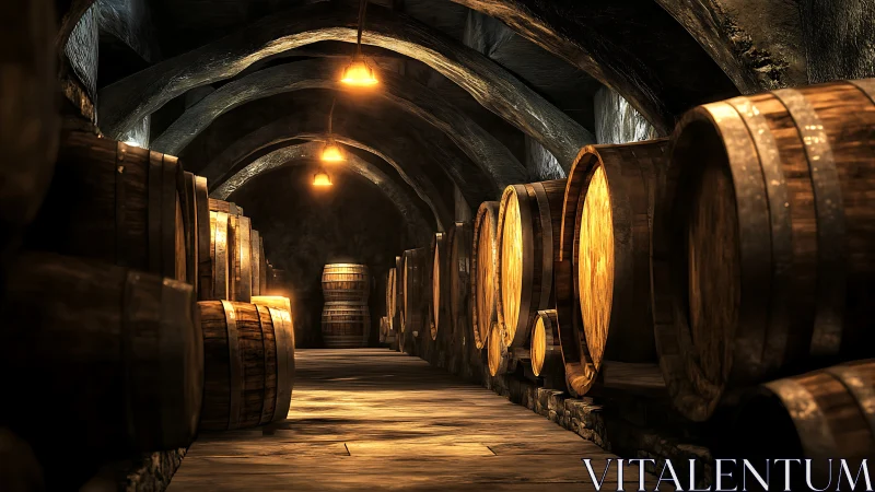 Dimly lit cellar corridor lined with large wooden barrels.