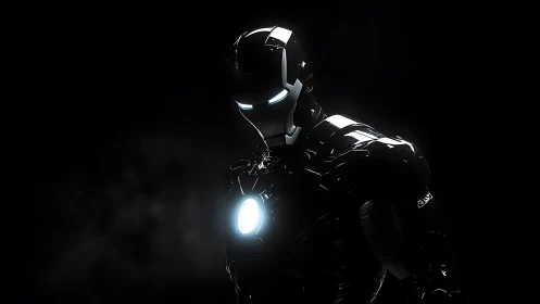 Dark armored hero render with glowing chest reactor.