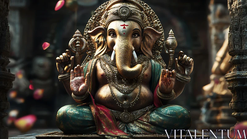 Graceful Ganesha idol glows with intricate temple details