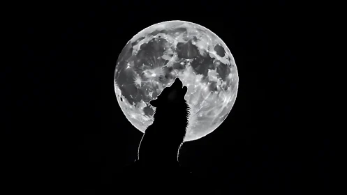 Monochrome wolf silhouette aligned against full lunar disc.