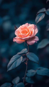 Coral rose blooms softly against deep teal foliage background.