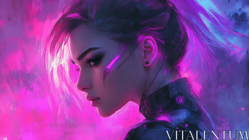 Neon cyberpunk portrait in profile with luminous magenta backlight.
