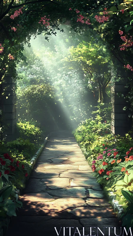 Stone garden path extends beneath dense flowering arch