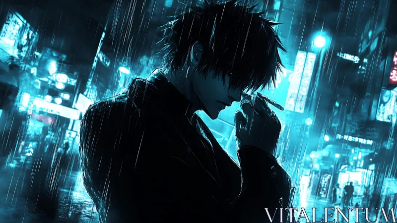 Noir silhouette in neon-soaked cyberpunk rainscape composition.