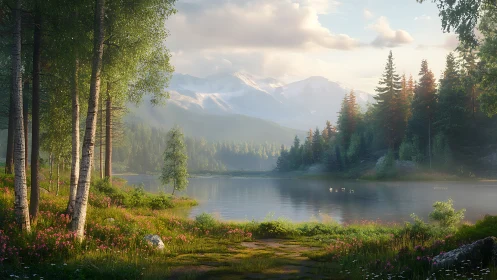 Forest lake landscape with mountains under soft daylight.