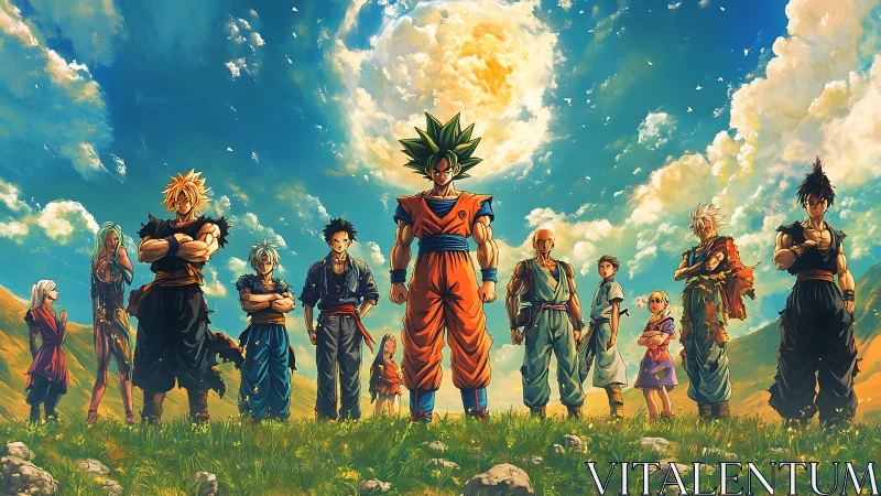 Panoramic anime team lineup under dramatic high-contrast sky