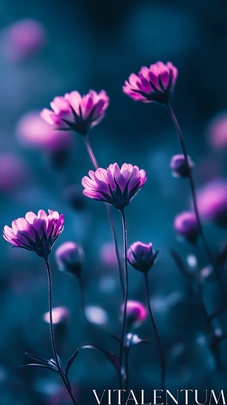 Pink flowers on dark teal background with depth of field.