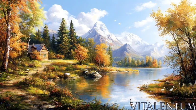 Mountain lake cabin under bright autumn foliage and clear sky