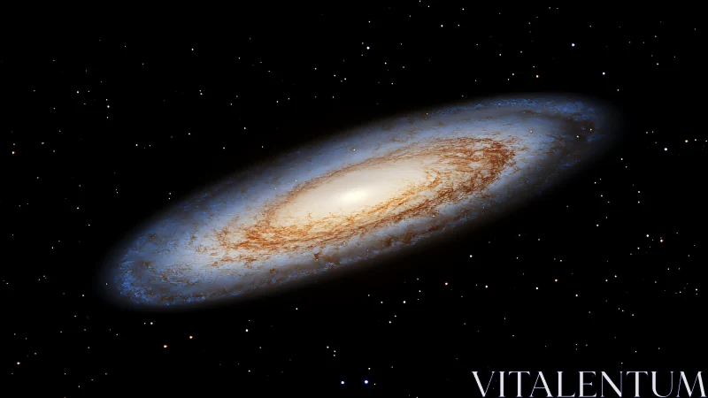 Edge-on spiral galaxy with luminous bulge and dust-rich disk rendered