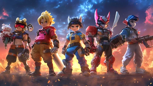 Five neon-clad heroes lock stances beneath a burning sky