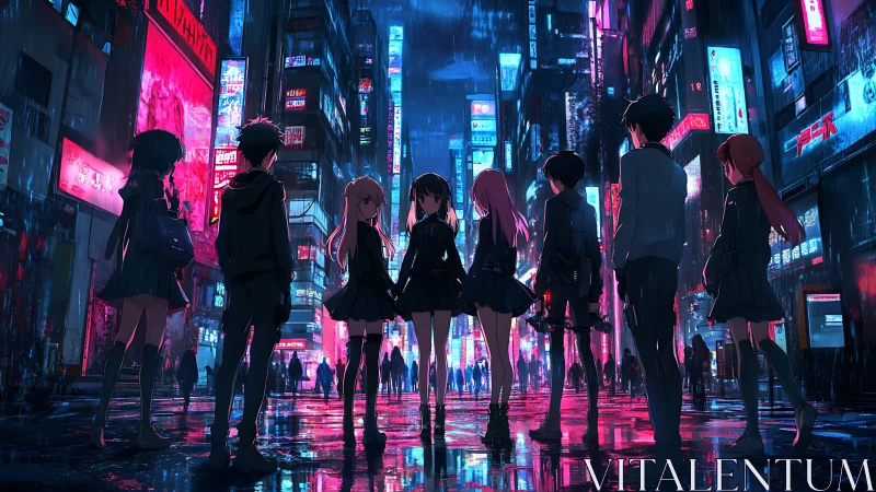 Teenage group stands in neon city street under rain