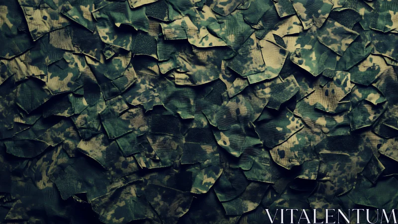 Layered digital camouflage tessellation with frayed textile edges.