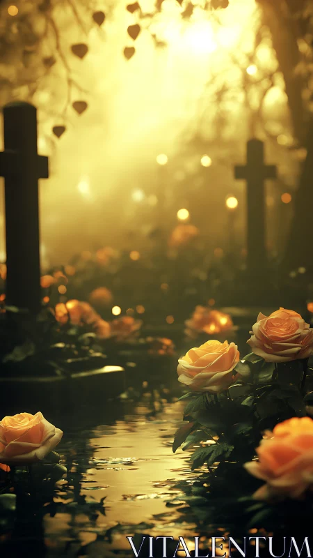 Golden cemetery pond reflects roses under soft graveyard light