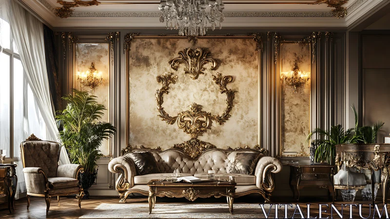 Baroque living room interior with gilded wall panels