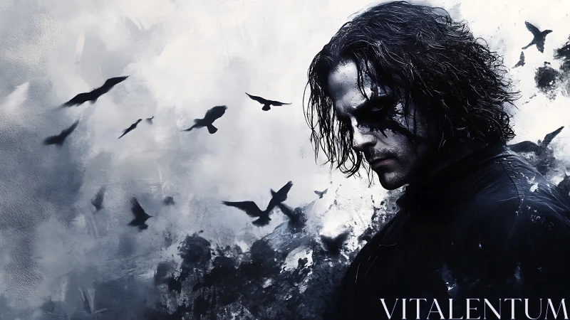 Brooding crow-marked warrior stalks through stormed sky veil.