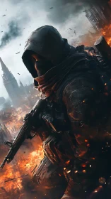 Hooded guardian strides through firelit urban ruins.