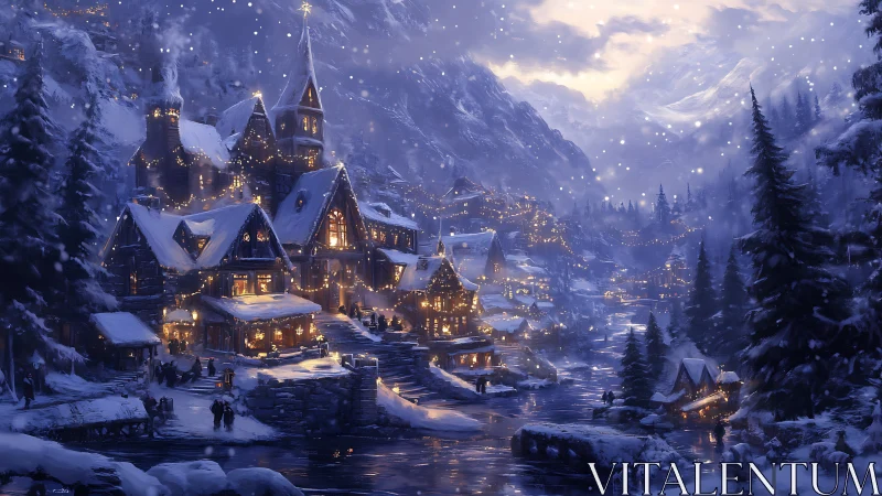 Snow-glazed village hums softly beneath storybook mountains