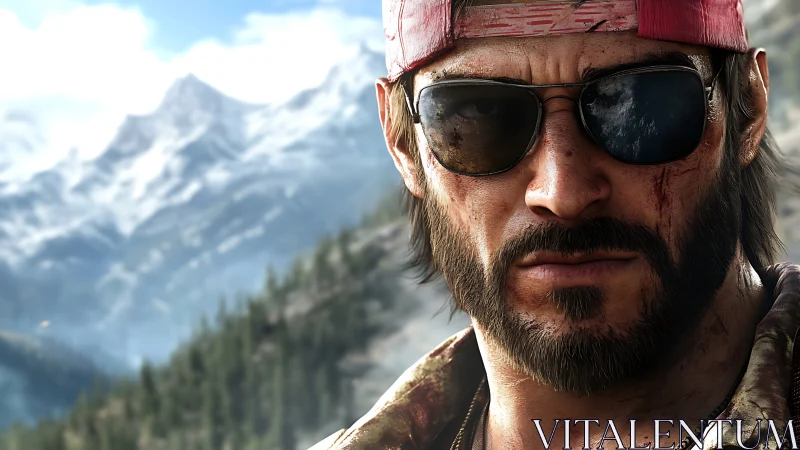 Rugged bearded survivor in reflective aviators, alpine backdrop.