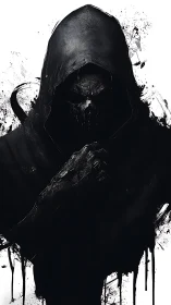 Hooded reaper figure emerges from dripping black ink void
