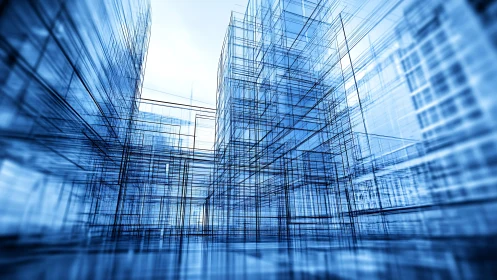 Abstract architectural wireframe structures in blue light.