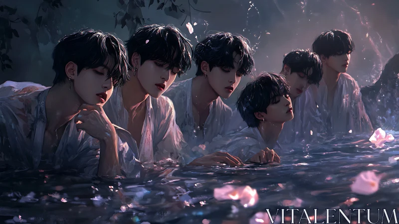 Ethereal male figures in moonlit water rendered as digital painting