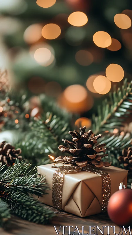 Shallow-depth holiday macro of wrapped gift with pinecone accent