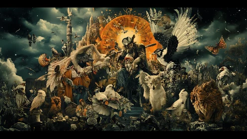 Mythic animal council gathers before radiant celestial gate