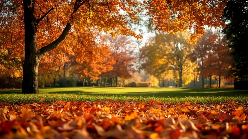 Golden autumn leaves brighten a peaceful sunlit park lawn
