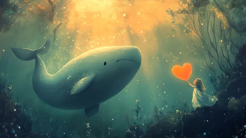 Gentle whale and brave girl sharing a glowing heart moment.