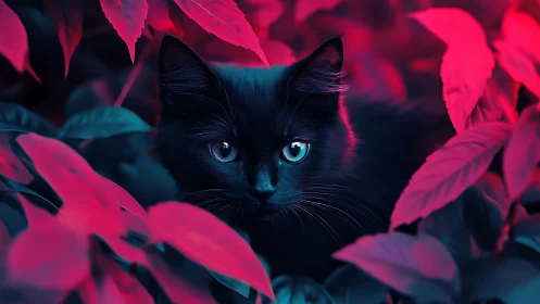 Black Cat with Cyan Eyes Among Neon Pink Foliage.