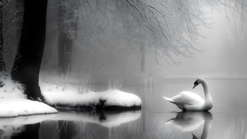 Graceful swan on winter lake in serene, misty monochrome landscape.