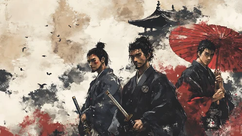 Triumphant samurai trio beneath storm-swept temple sky.