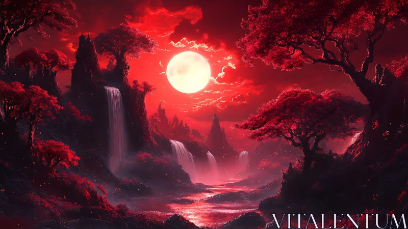 Red lunar valley with waterfalls under glowing full moon.