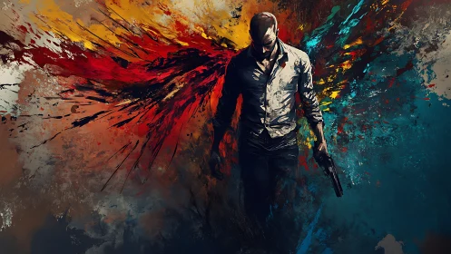 Solitary armed figure with explosive abstract chromatic wings