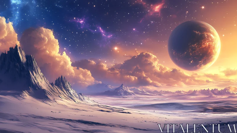 Warm cosmic sunrise over snowy alien mountain valley.