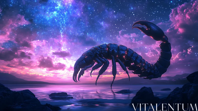 Cosmic metallic scorpion arcs above neon twilight sea.